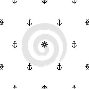 Nautical seamless pattern with black helms and anchors on white