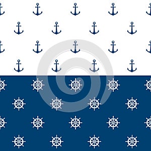 Nautical seamless pattern with blue helms and anchors on white