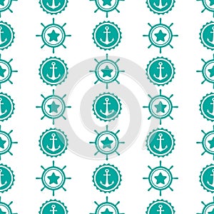 Nautical seamless pattern with blue helms and anchors on white. Ship and boat steering wheel ornament. Marine background