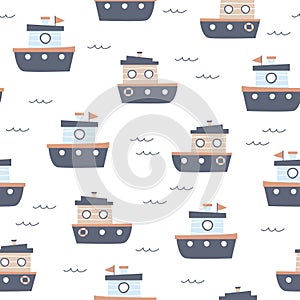 Nautical seamless pattern with boats. Childish cartoon background.