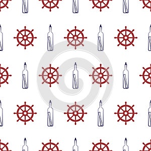 Nautical seamless pattern with bottle and wheel.