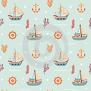 Nautical seamless pattern with cute sailing ships, anchor, ship's rudder