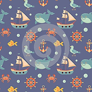 Nautical seamless pattern with cute sea animals. Marine print