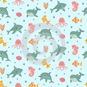 Nautical seamless pattern with cute sea animals. Marine print