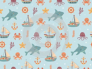 Nautical seamless pattern with cute sea animals and sailing ships. Marine print