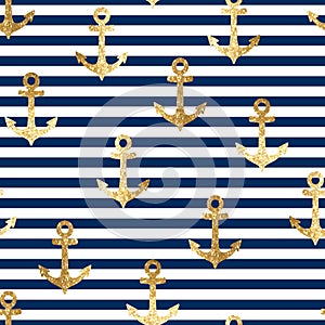 Nautical seamless pattern with gold glitter sea anchors on blue stripes background