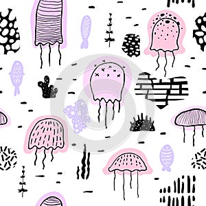 Nautical Seamless Pattern with Jellyfish in Childish Style. Sea Underwater Creatures Background with Abstract Elements