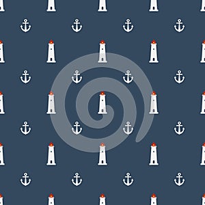 Nautical seamless pattern with lighthouse and anchors icon