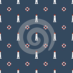 Nautical seamless pattern with lighthouse and lifebuoys icon