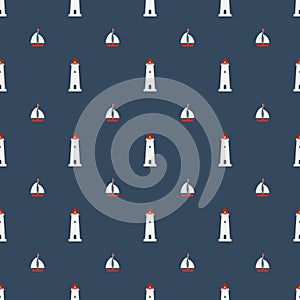 Nautical seamless pattern with lighthouse sailing boat and yachts icon.