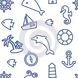Nautical seamless pattern, marine theme, blue line art. Vector illustration