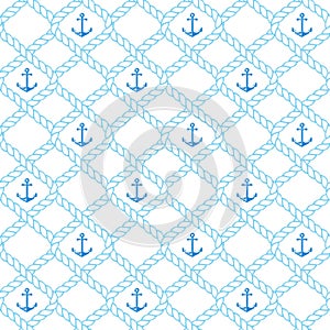 Nautical seamless pattern with rope and anchors. Vector