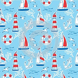 Nautical seamless pattern with sailboat, lighthouse, anchor. Sea background