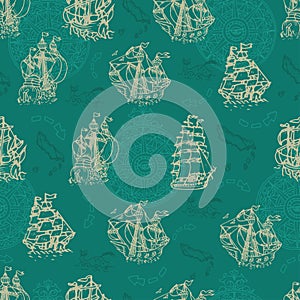 Nautical seamless pattern with sailboats and wind compass