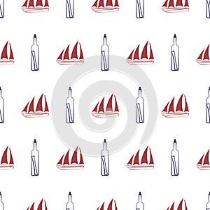 Nautical seamless pattern with ship and bottle.
