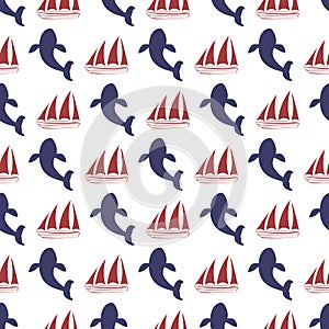 Nautical seamless pattern with ship and whale.