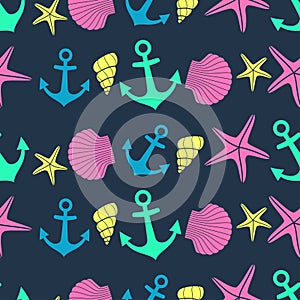 Nautical seamless pattern with starfish, shell, anchor on dark background.