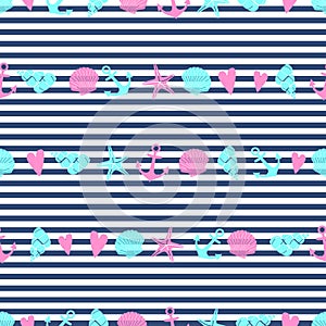 Nautical seamless pattern with starfish, shell, anchor on striped background.