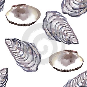 Nautical seamless pattern with watercolor illustrations of shells