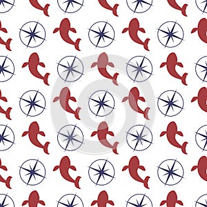 Nautical seamless pattern with whale and compass.