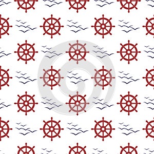 Nautical seamless pattern with wheel and birds.