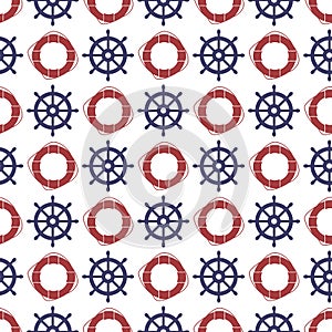 Nautical seamless pattern with wheel and ring lifebuoy.