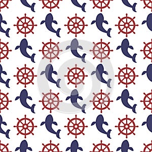 Nautical seamless pattern with wheel and whale.