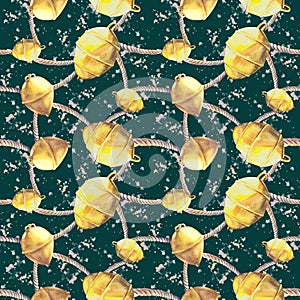 Nautical seamless pattern Yellow buoys rope stone Watercolor illustration Isolated dark background