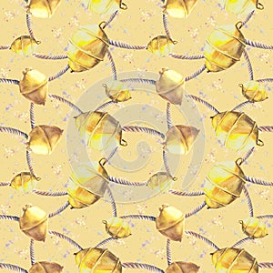 Nautical seamless pattern Yellow buoys rope stone Watercolor illustration Isolated yellow background