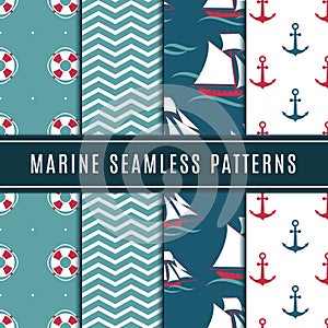 Nautical seamless patterns for kids. Marine vector background set with sailboat, sea anchor and yacht