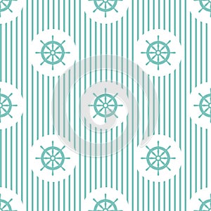 Nautical seamless striped pattern with blue helms on white. Ship and boat steering wheel ornament