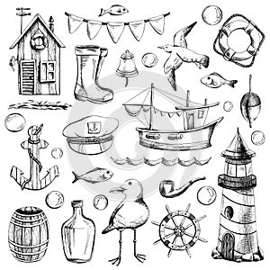 Nautical set of illustrations isolated on a white background of a lighthouse, a boat, a fisherman's house, seagulls