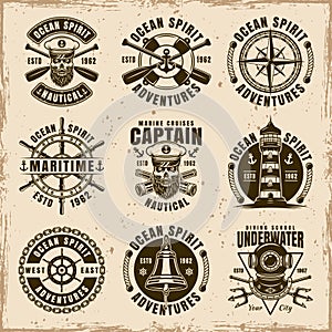 Nautical set of nine vector vintage emblems