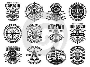 Nautical set of twelve vector vintage emblems