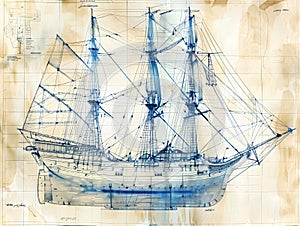 Nautical Ship Blueprint in Cyanotype Style Technical Drawing of Historical Sailing Vessel Maritime Engineering Blueprint