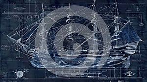 Nautical Ship Blueprint in Cyanotype Style Technical Drawing of Historical Sailing Vessel Maritime Engineering Blueprint