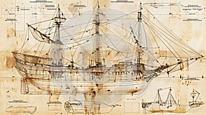 Nautical Ship Blueprint in Cyanotype Style Technical Drawing of Historical Sailing Vessel Maritime Engineering Blueprint