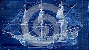 Nautical Ship Blueprint in Cyanotype Style Technical Drawing of Historical Sailing Vessel Maritime Engineering Blueprint