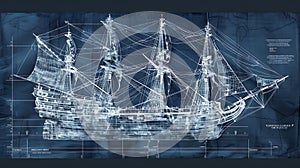 Nautical Ship Blueprint in Cyanotype Style Technical Drawing of Historical Sailing Vessel Maritime Engineering Blueprint