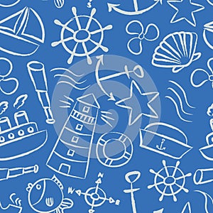 Nautical sketch doodle vector icons seamless light blue pattern eps10