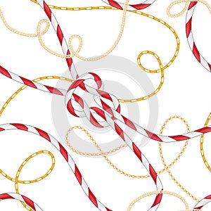 Nautical Style Seamless Pattern with Marine Rope Knots and Trendy Golden Chains. Fashion Fabric Design with Sea Elements