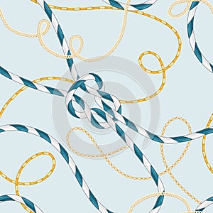 Nautical Style Seamless Pattern with Marine Rope Knots and Trendy Golden Chains. Fashion Fabric Design with Sea Elements