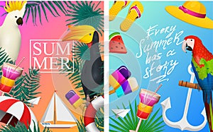 Nautical Summer cards. Marine vacation on the beach. Tropical plants and birds, camera and anchor, milkshake, deckchair