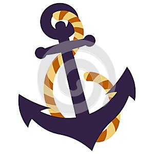 A nautical symbol, an anchor entwined with a rope. Design for decoration. Textile, print