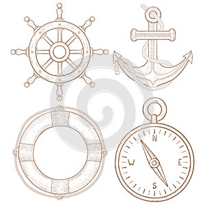 Nautical symbols - steering wheel, anchor, lifebuoy, compass. Hand drawn colored sketch