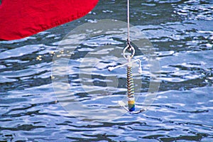 Nautical tackles and equipment of the old tall ship. Rigging ropes and rope ladder on the mast of sailing vessel