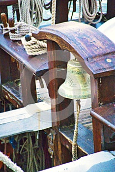 Nautical tackles and equipment of the old tall ship. Rigging ropes and rope ladder on the mast of sailing vessel