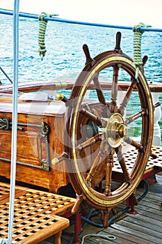 Nautical tackles and equipment of the old tall ship. Rigging ropes and rope ladder on the mast of sailing vessel