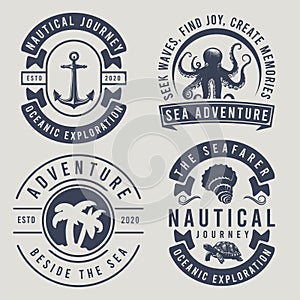 Nautical thematic big set of vector emblems, labels, badges, or logos in retro monochrome style.