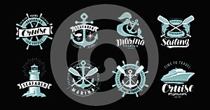 Nautical theme, set of logos or labels. Marine concept, vector